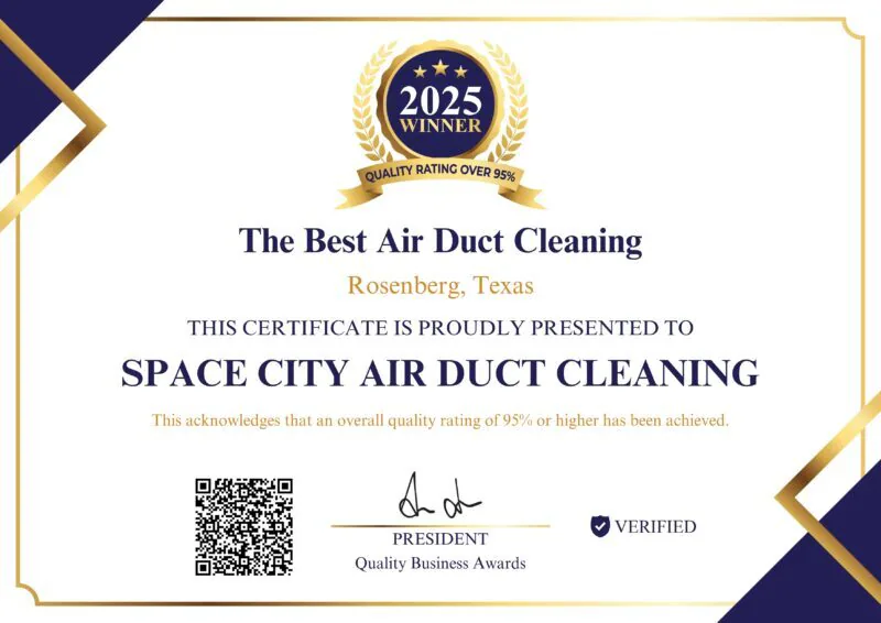 2025 certificate — Best Air Duct Cleaning in Rosenberg, Texas, Space City Air Duct Cleaning quality rating over 95%